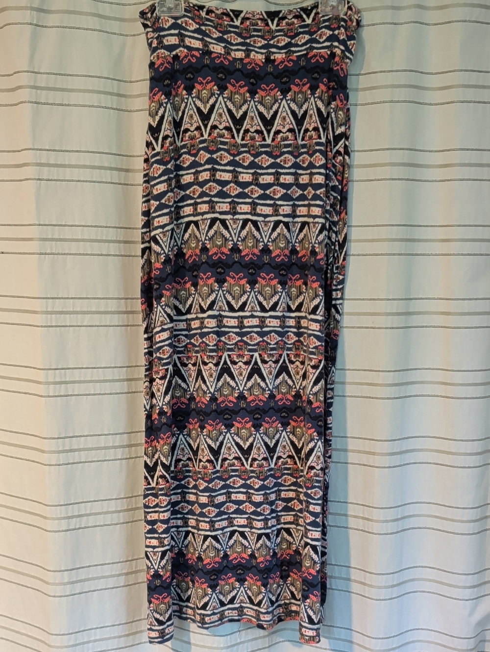 Maurices Boho Navy Maxi Skirt with Pink and Cream Geometric Pattern